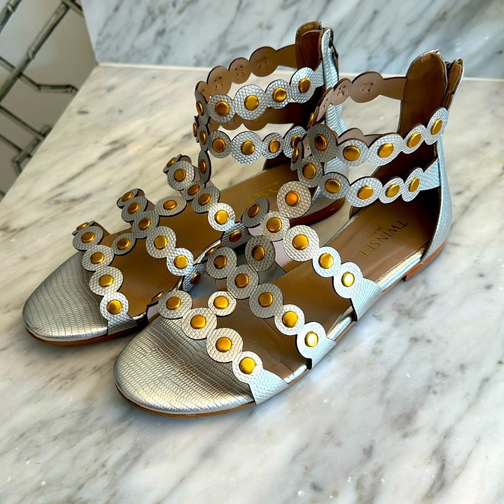 Twinset Silver Snakeskin and Gold Gladiator Flats.
